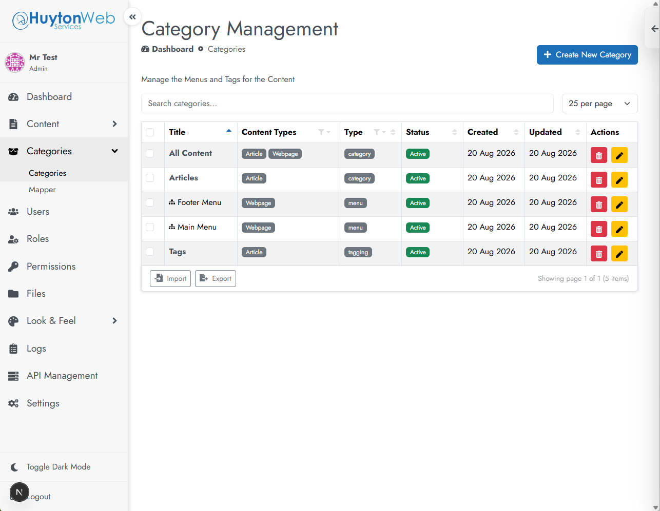 Showing the full category manager