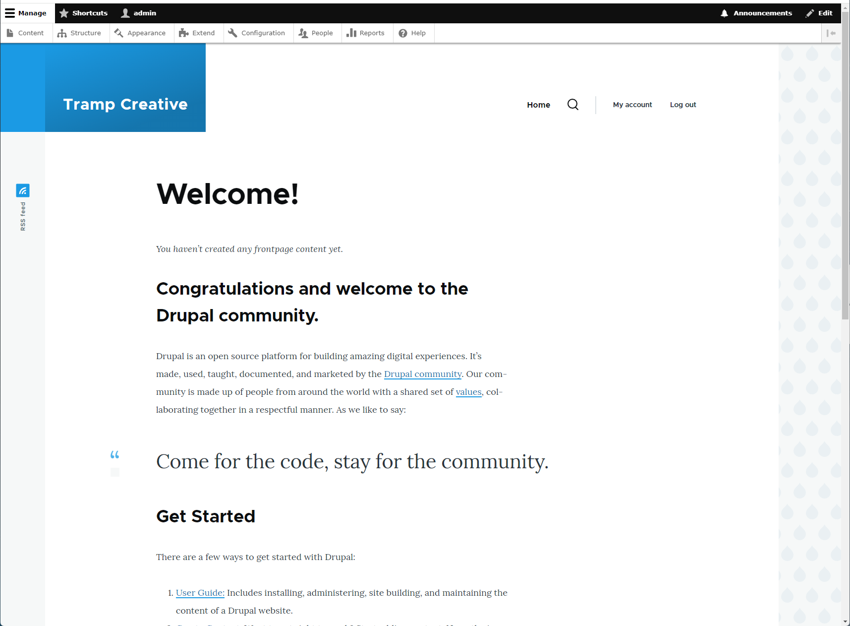 Webpage showing welcome for Tramp Creative