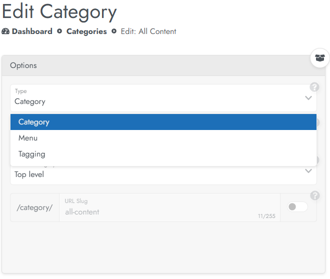 Edit the All Categories category showing the 3 types