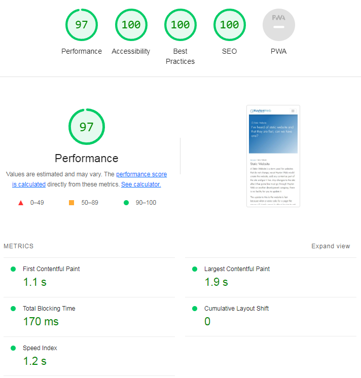Stats for the Huyton Web Service website in development
