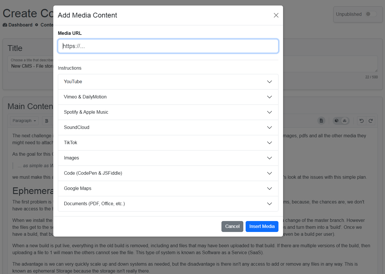 WHYSIWYG with the Media Content open from the CMS